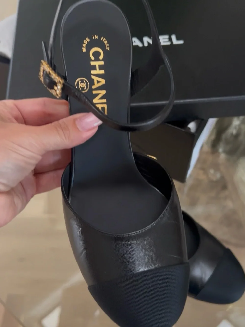 CHANEL Black Leather & Fabric Cap-Toe Slingback Mules
